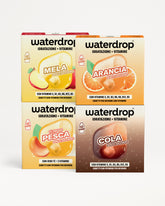 Set di quattro scatole Waterdrop per bevande idratanti con gusti frutta assortiti.
