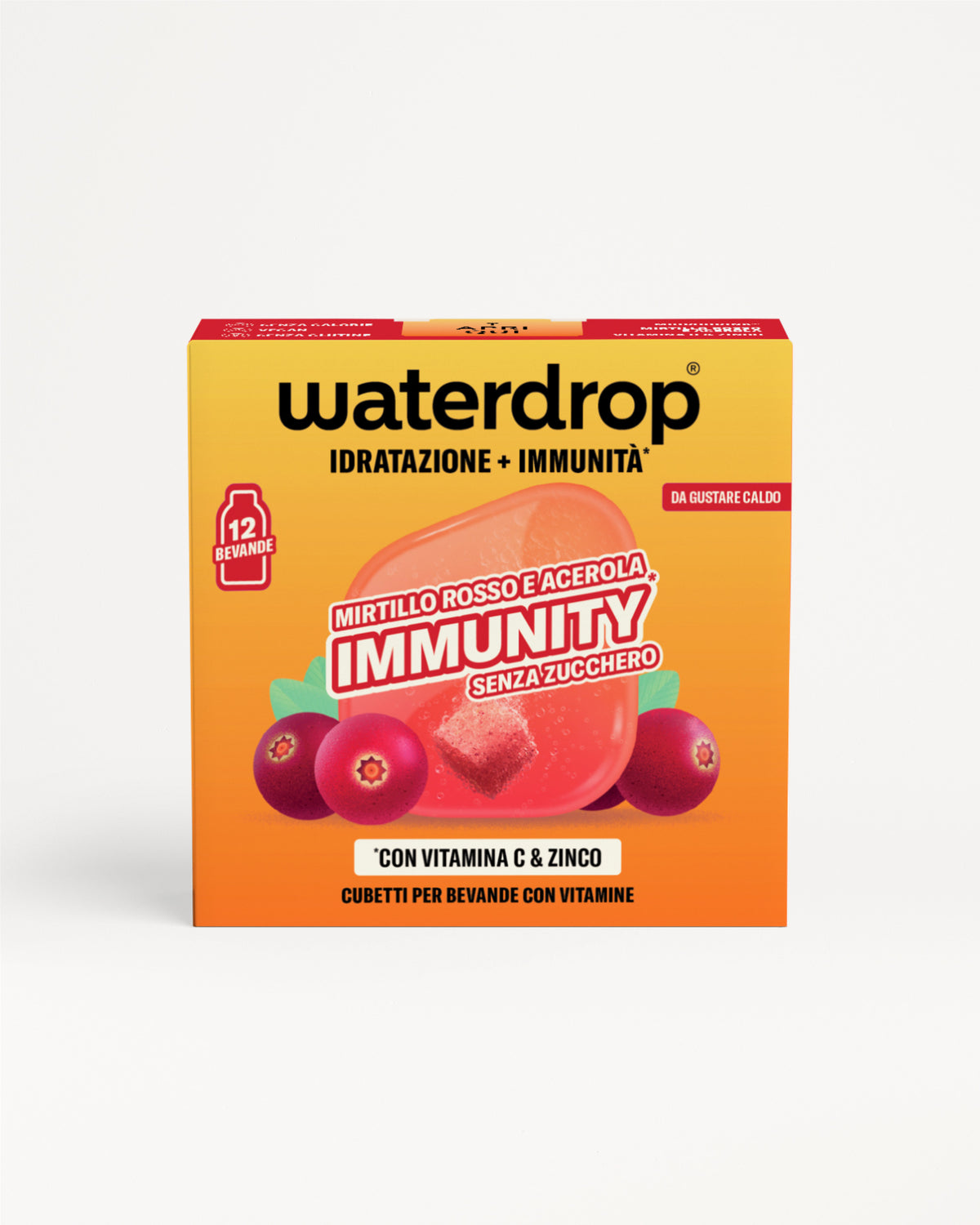 Scatola Waterdrop Immunity giallo-arancione con grafica di bacche su sfondo chiaro.