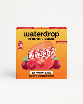 Scatola Waterdrop Immunity giallo-arancione con grafica di bacche su sfondo chiaro.