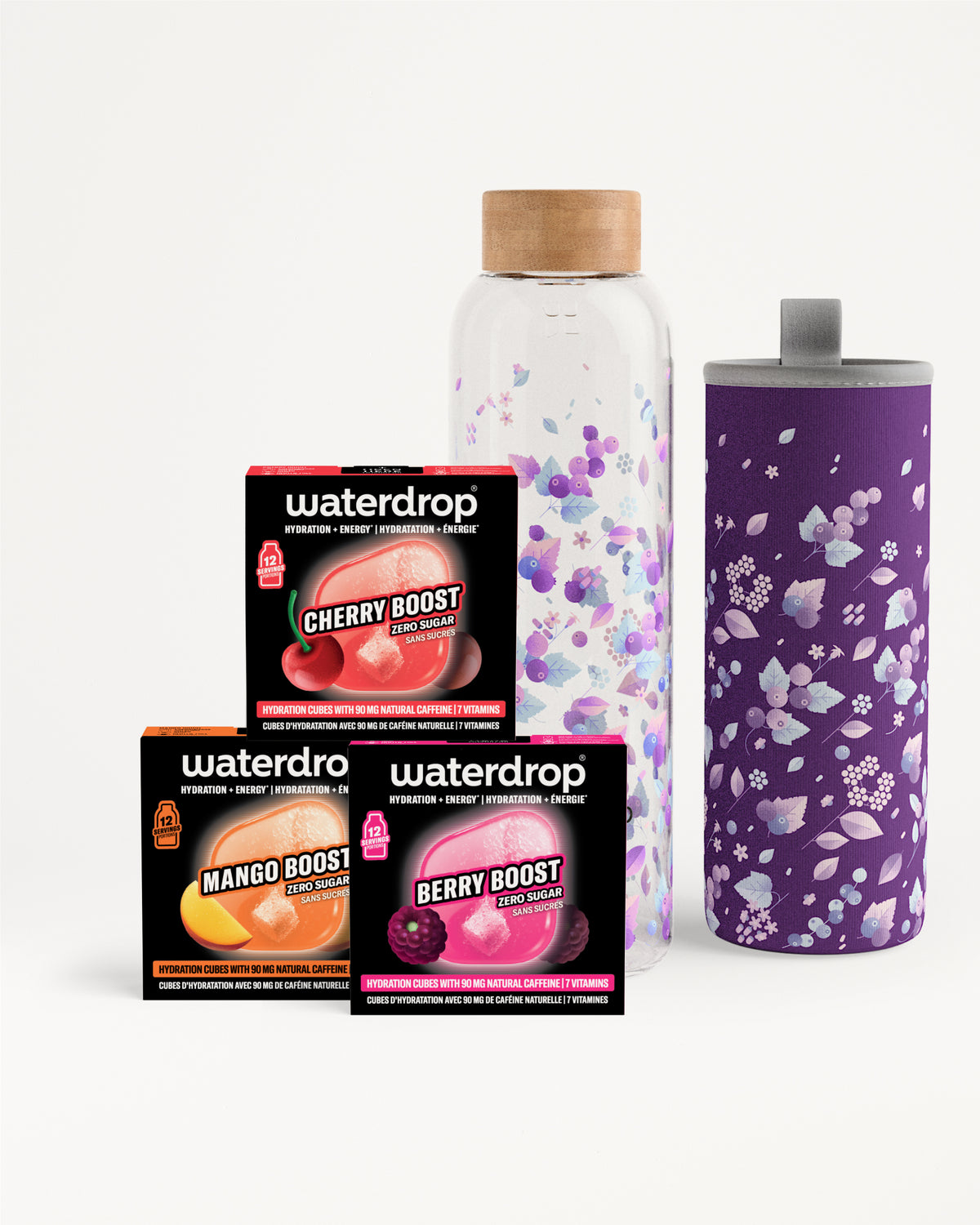 Pacchetti Waterdrop flavor boost assortiti e una bottiglia viola a motivo floreale.