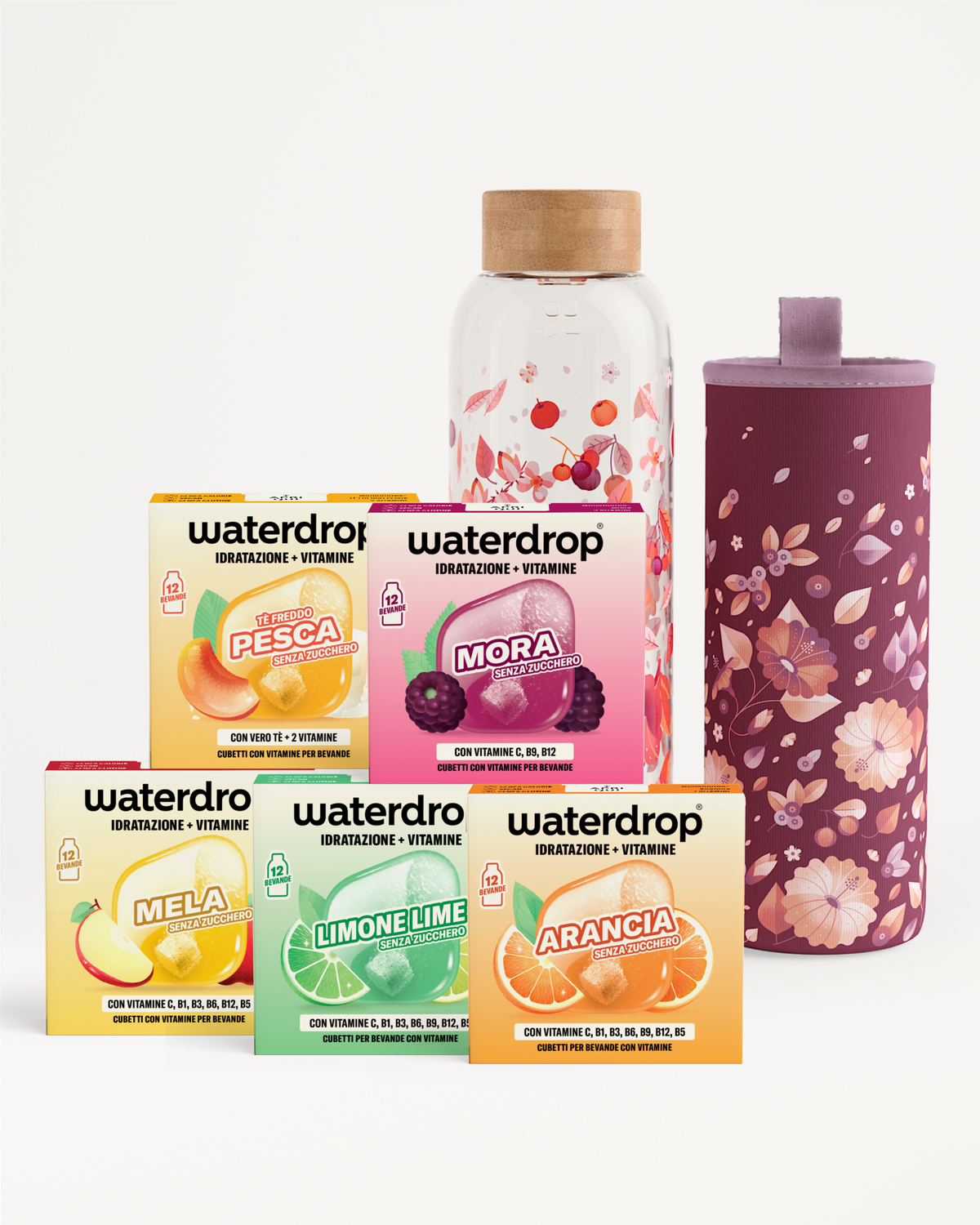 Scatola Waterdrop per infusioni di vitamine con una bottiglia riutilizzabile viola.