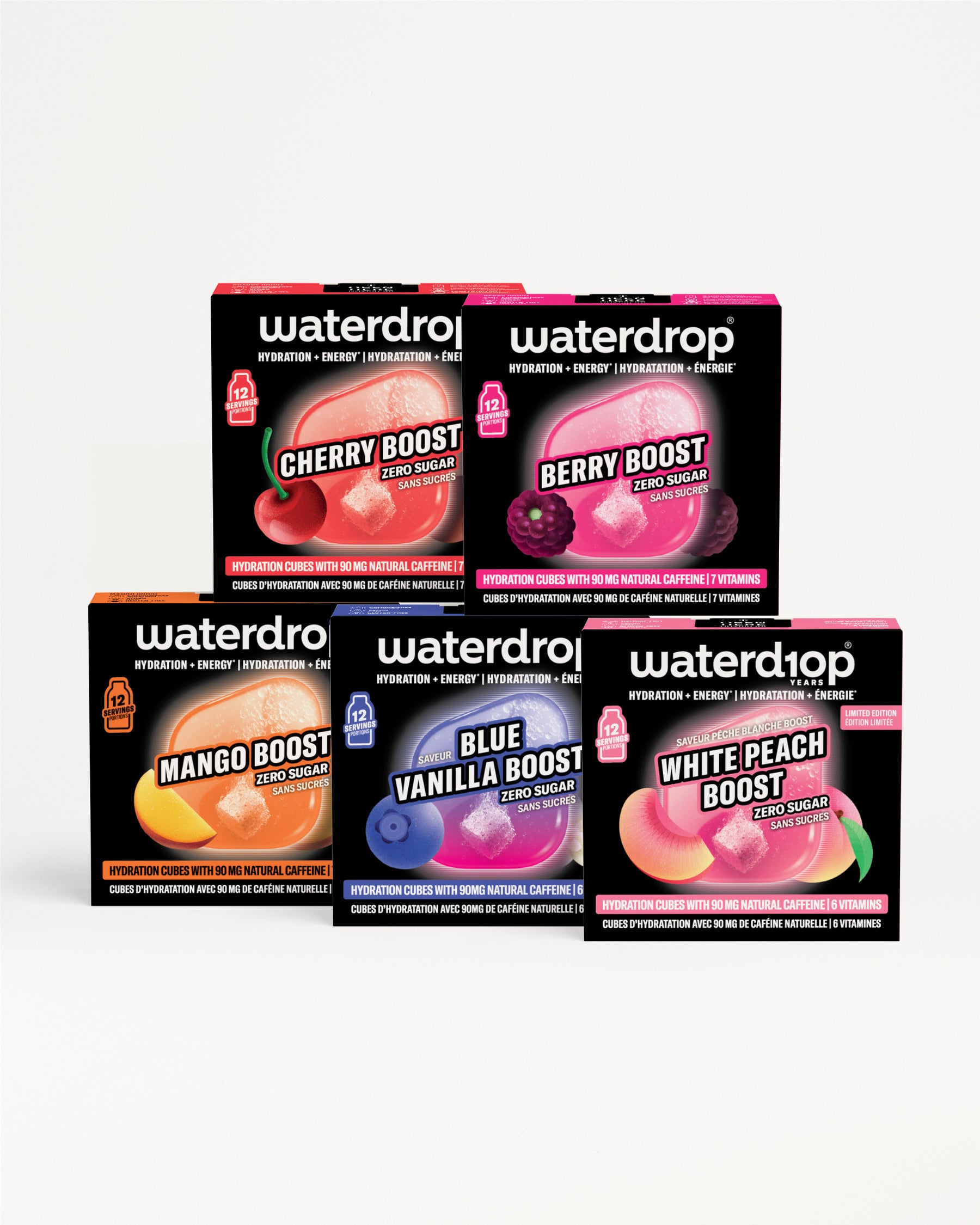 Set di confezioni Waterdrop Flavor Boost disposte in due file.