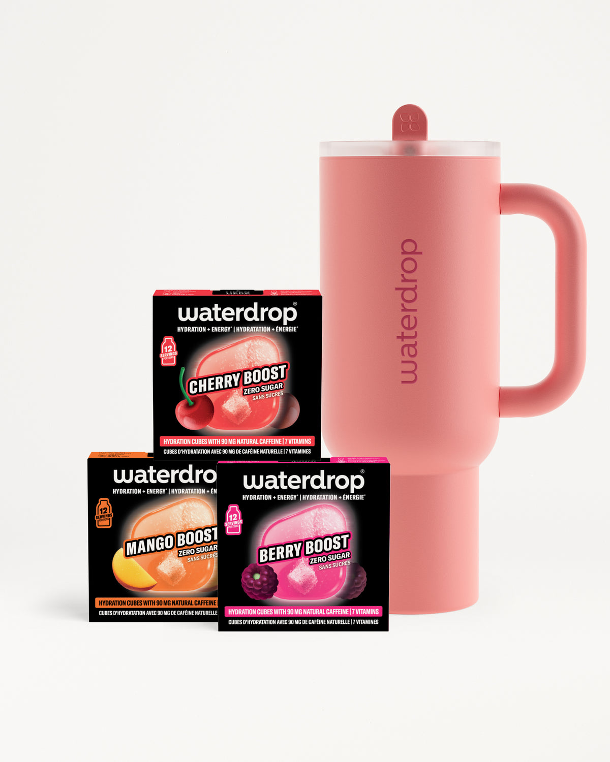 Bottiglia rosa con manico accanto a tre confezioni nere di Waterdrop integratori di gusto.