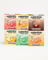 Sei confezioni Waterdrop per idratazione e vitamine, disposte in due file da tre con etichette colorate.