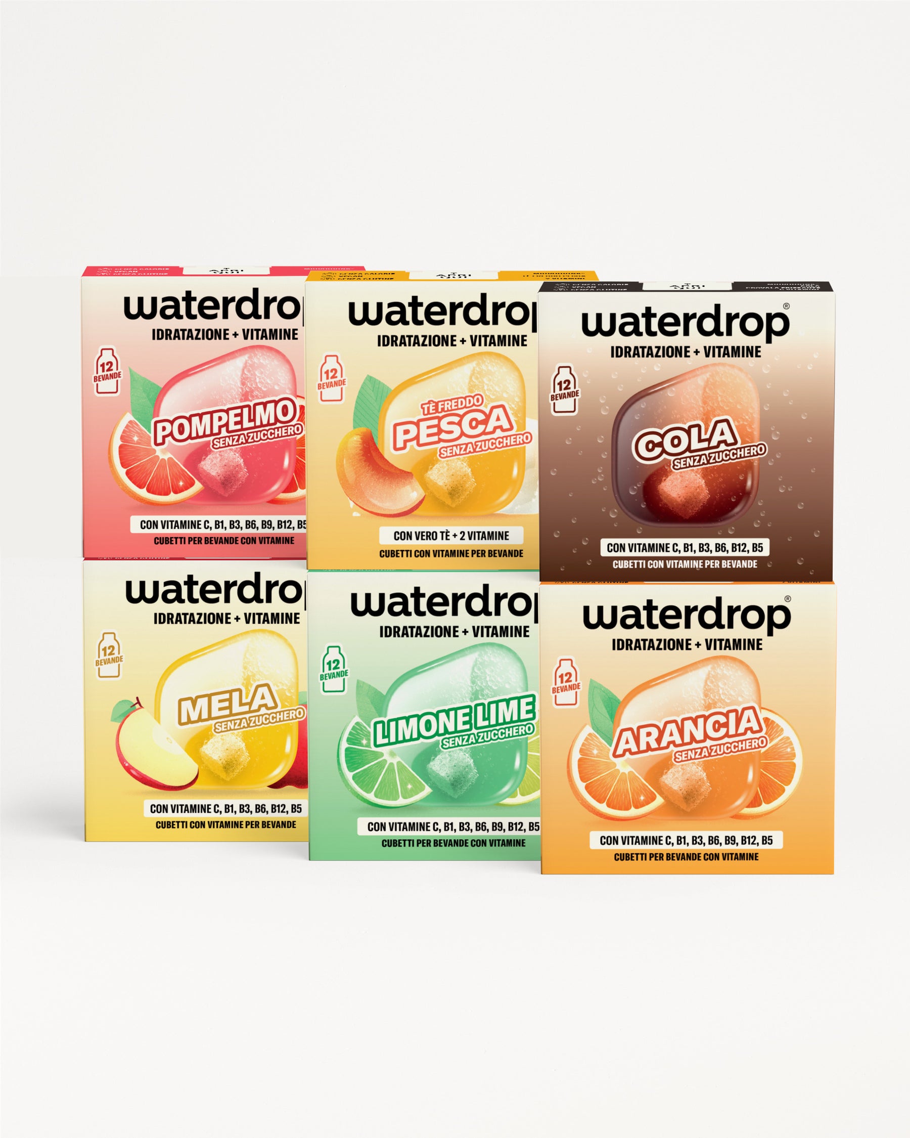 Sei confezioni Waterdrop per idratazione e vitamine, disposte in due file da tre con etichette colorate.