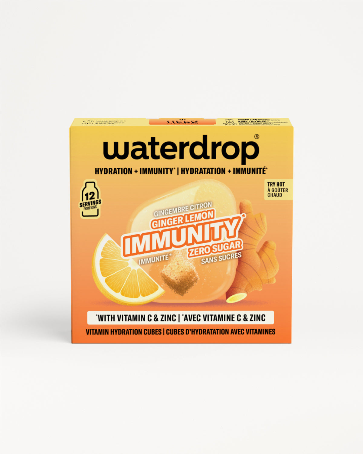 Scatola arancione Waterdrop immunità con limone e zenzero.