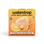 Confezione arancione e gialla dei cubi Immunity Waterdrop con grafico agrumato.