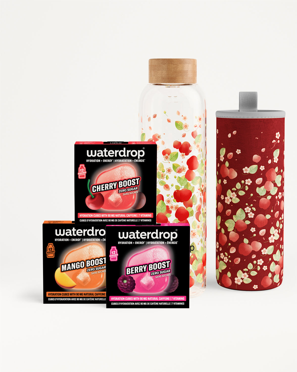 Set di booster di gusto Waterdrop con bottiglia di vetro e tumbler rosso.