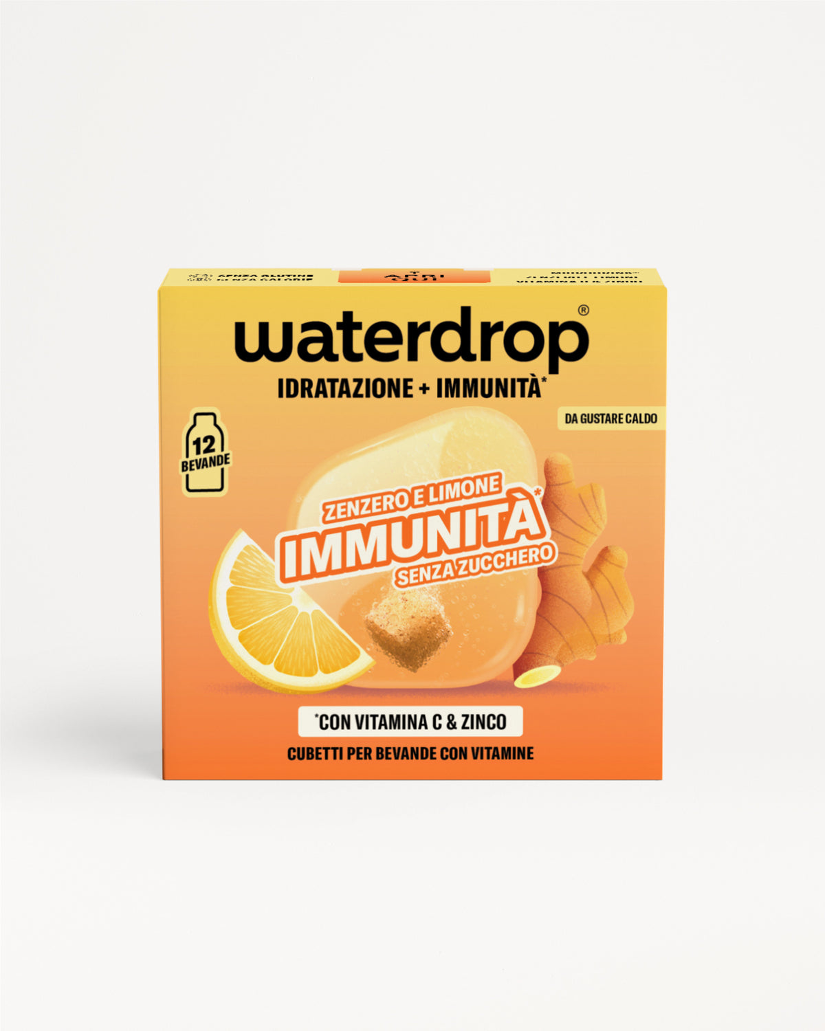 Scatola Waterdrop Immuntà mix di bevanda vitaminica con immagine d'arancia su confezione gialla.
