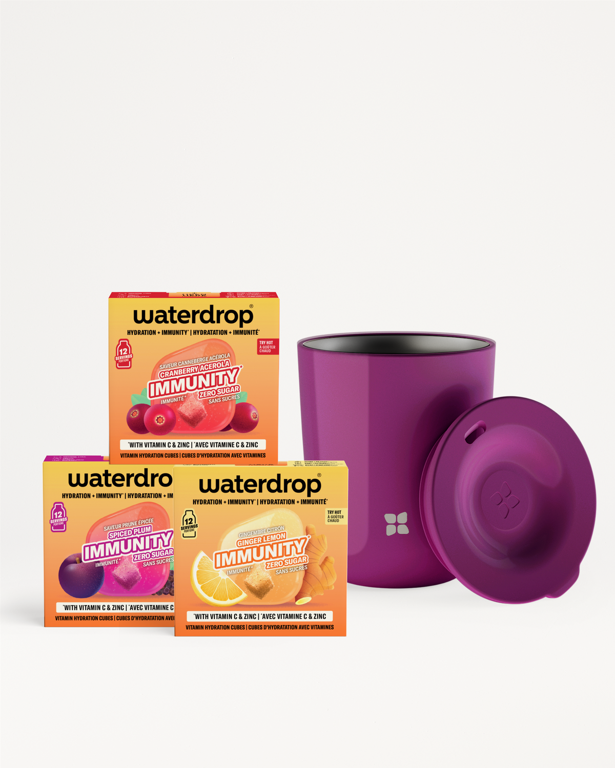 Tre confezioni Waterdrop Immunity con una tazza isolante viola e coperchio.