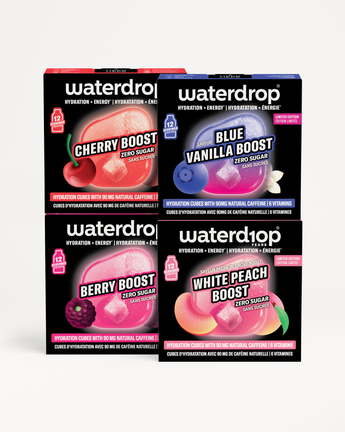 Quattro confezioni Waterdrop per idratazione disposte in una griglia 2x2.