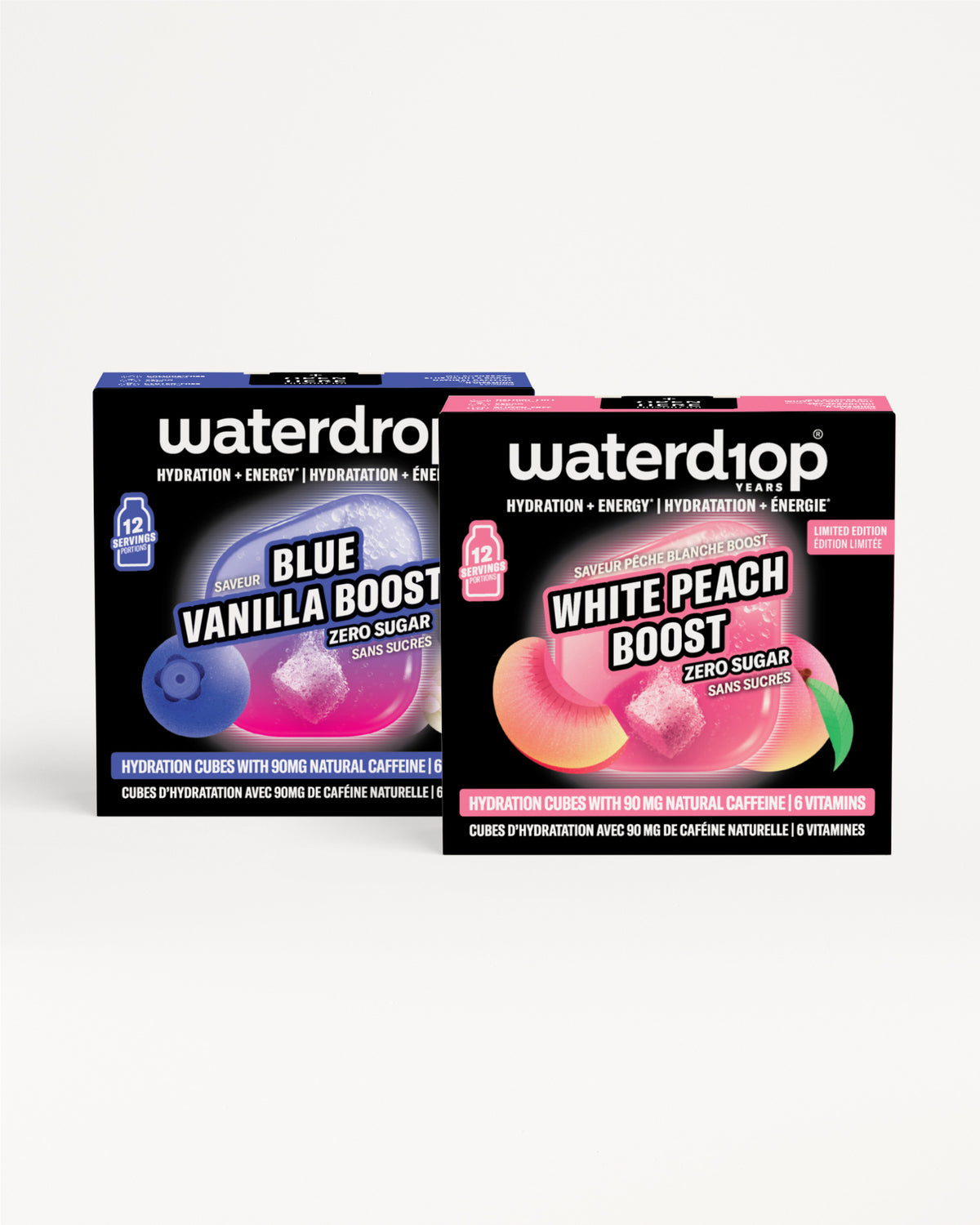 Due confezioni Waterdrop idratazione allineate su sfondo bianco, una in blu e l'altra in rosa.