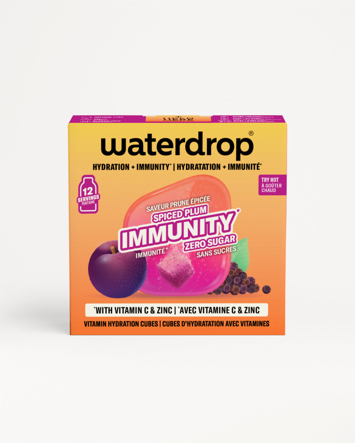 Scatola gialla e viola Waterdrop cubi di vitamine Immunità su sfondo bianco.