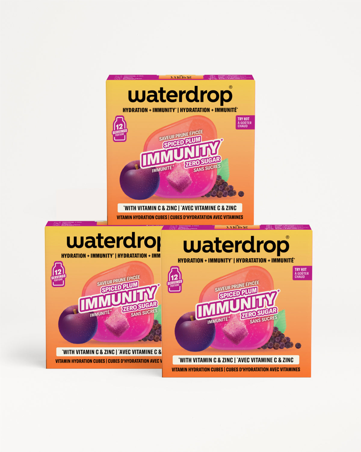 Tre confezioni Waterdrop impilate a forma triangolare.