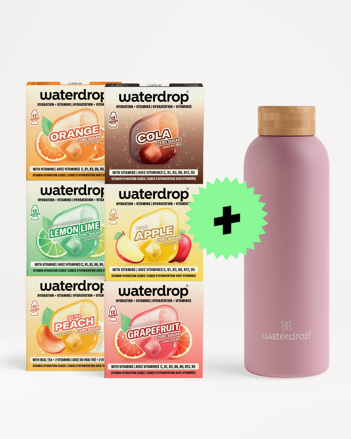 Sei scatole di miscele Waterdrop accanto a una borraccia rosa e un segno più verde.