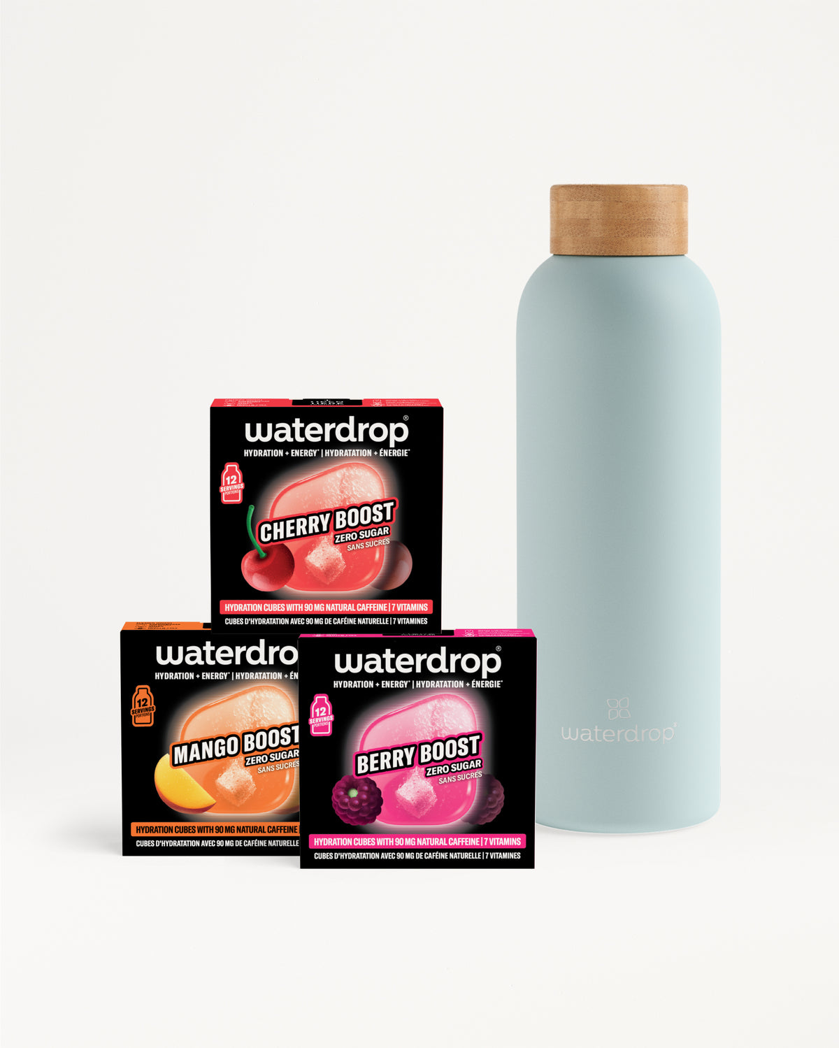 Scatole di gusti Waterdrop e una bottiglia azzurro chiaro con tappo di legno.