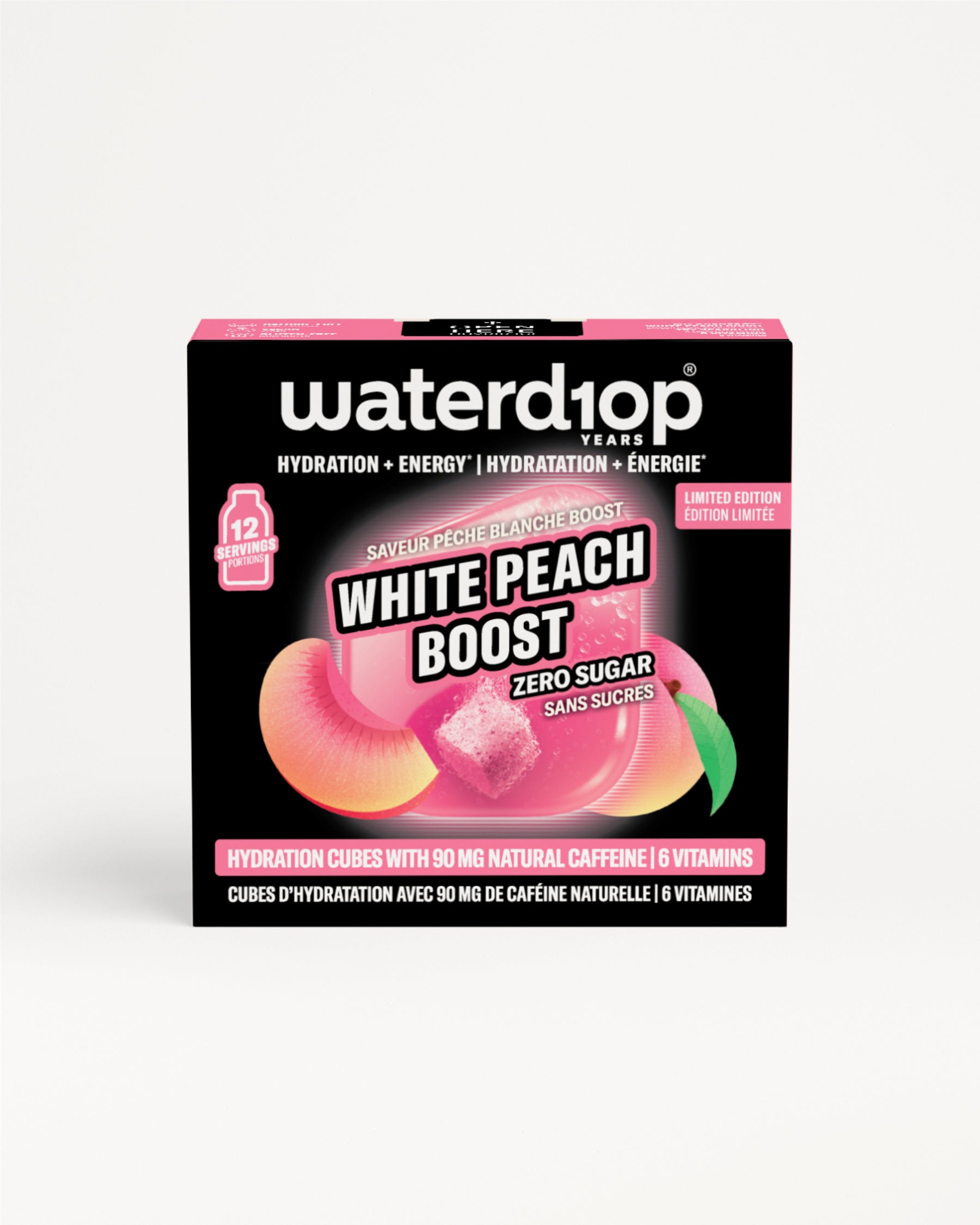Piccola scatola nera Waterdrop White Peach Boost cubetti idratazione senza zucchero.