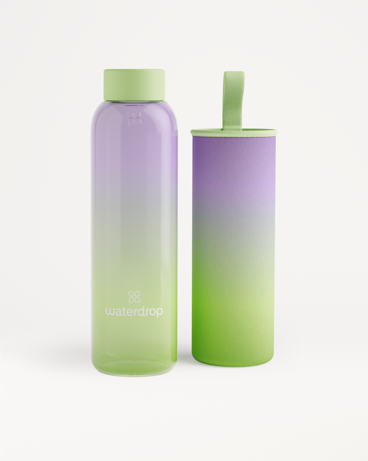 Summer Glass bottle with handle, featuring a limited edition ombre design for pairing with Microdrinks. High-quality borosilicate glass, ideal for hydration on the go.